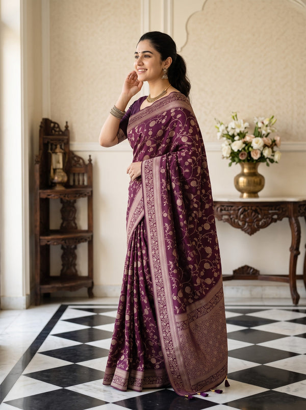 Banarasi Silk Wine Allover Floral Saree with Matching Zari Border