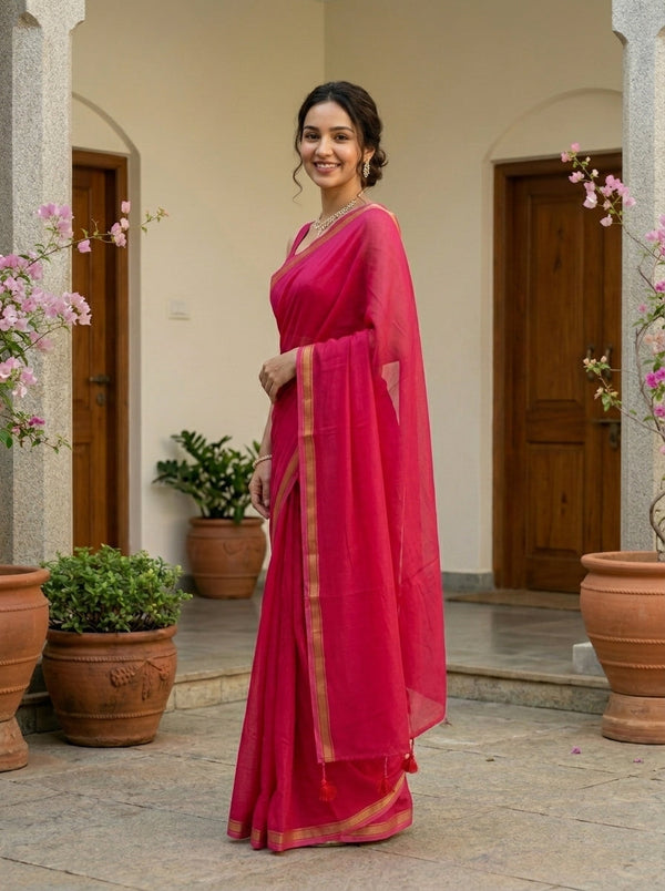 Mul Mul Cotton Rani Pink Plain Saree with Golden Zari Border