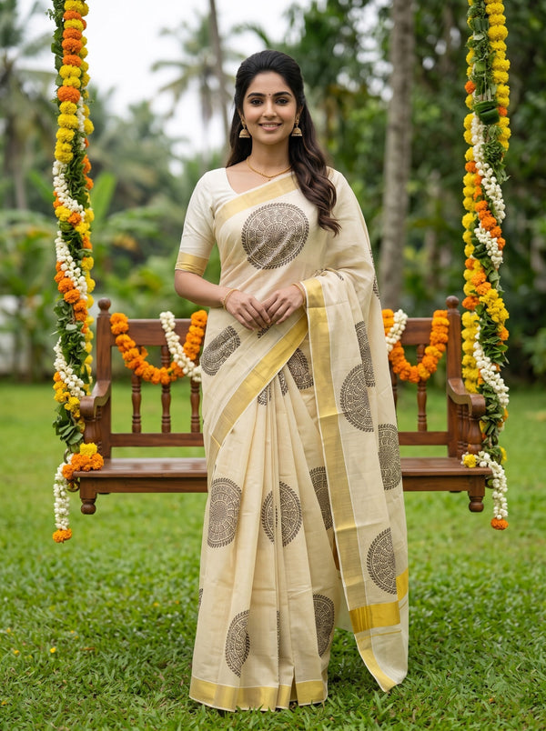 Tissue Golden Cream Rangoli Medallion Print Onam Special Kerala Saree