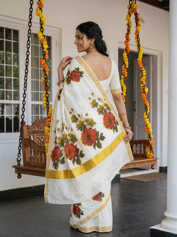A woman wearing a white saree with red floral prints and gold borders, standing on a porch decorated with hanging marigold garlands.