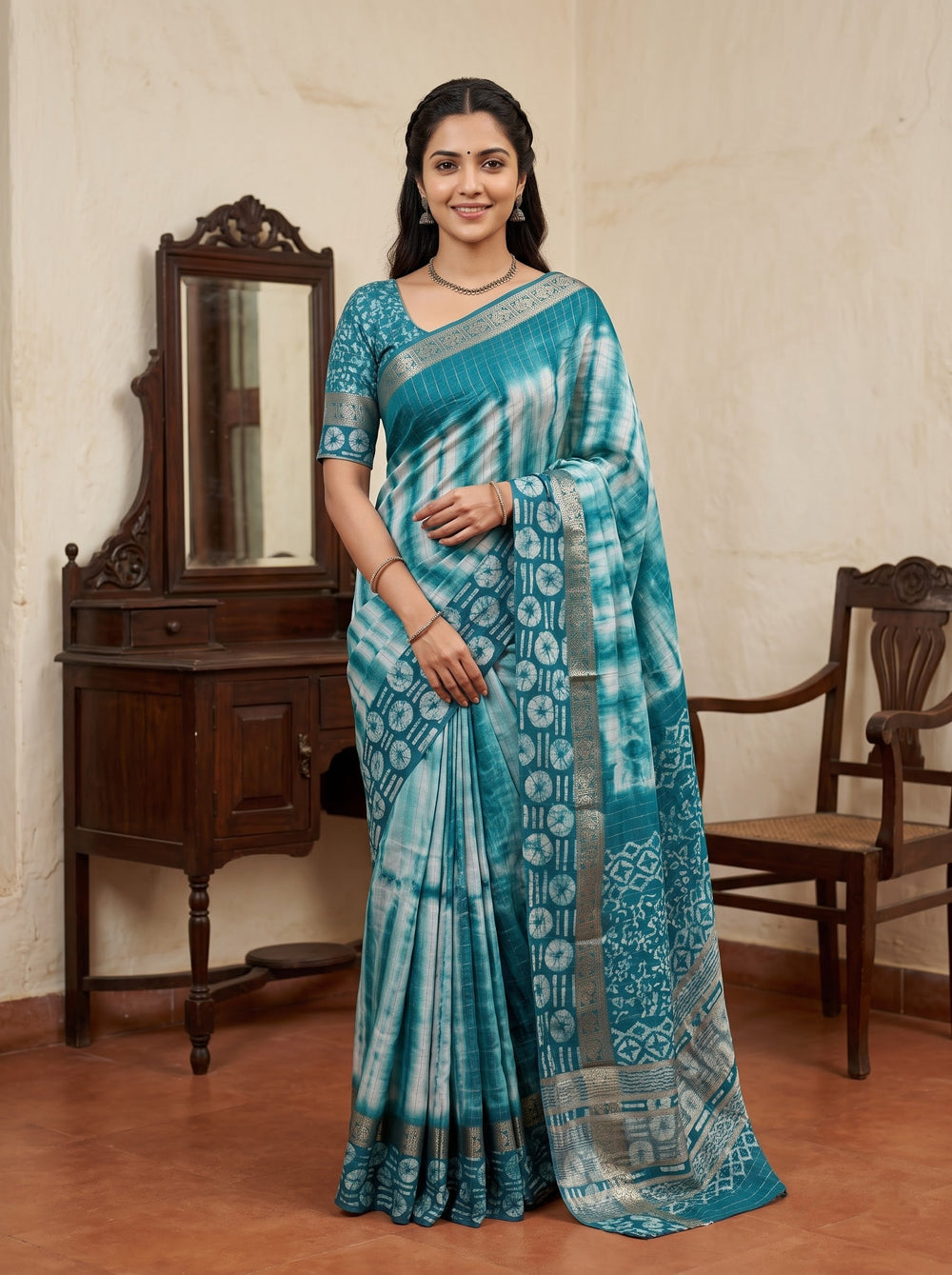 Chanderi Cotton Silk Teal White Shibori Batik Border Saree with Zari Trim