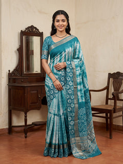 Chanderi Cotton Silk Teal White Shibori Batik Border Saree with Zari Trim