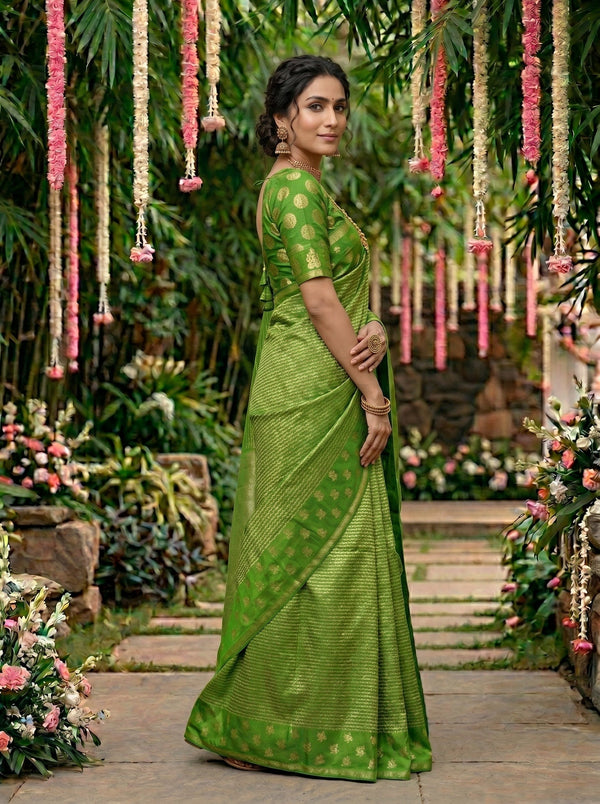 Kanjivaram Parrot Green Saree with All-Over Chevron Weave & Gold Floral Border