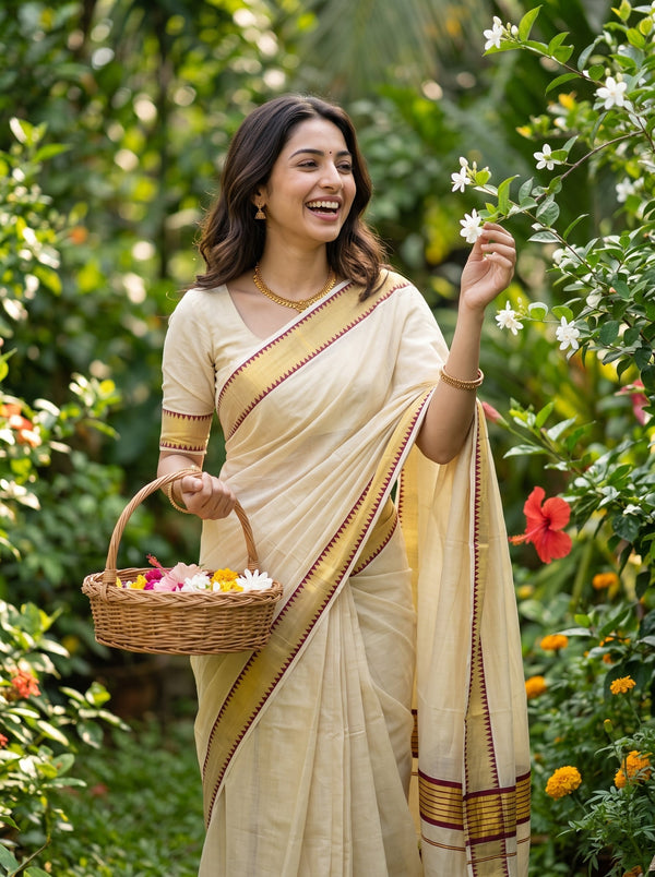 Tissue Off-White Gold Temple With Maroon Border Tassels Onam Special Kerala Saree