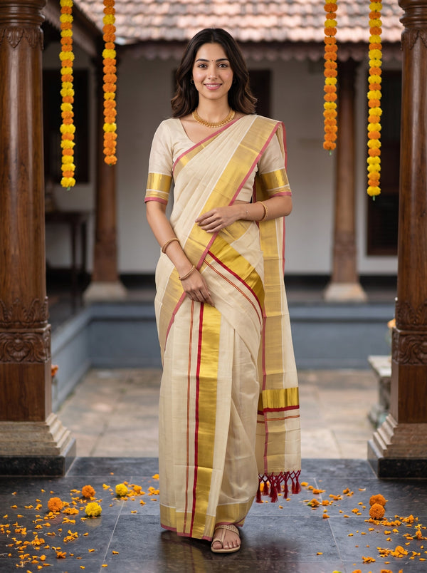 A woman wearing a traditional Indian saree stands in a courtyard. The saree is off-white/cream with gold and red stripes, paired with a cream blouse that has gold and red borders.