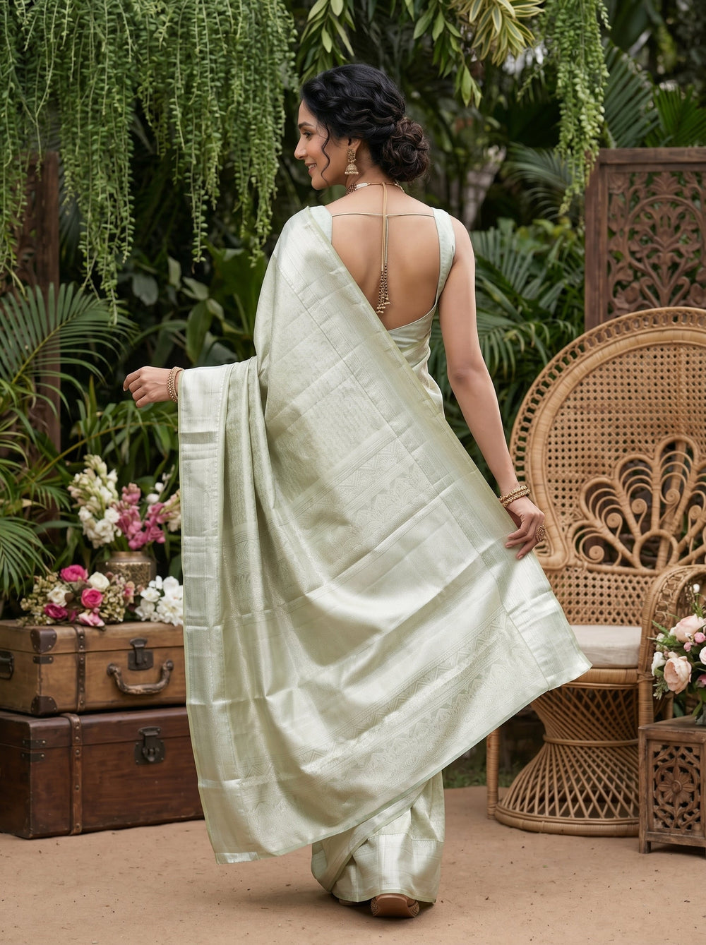 Woman in a light green saree standing outdoors with plants and a wooden chair in the background