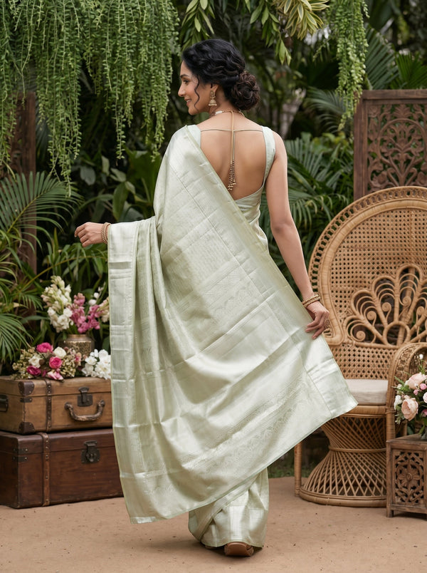 Kanjivaram Tissue Silk Sage Green All-Over Self-Tone Jaal Saree with Wide Zari Border