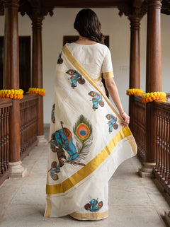 Cotton Off-White Krishna Mural Print Onam Special Kerala Saree