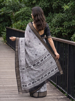 Polycotton White Black Elephant Procession Border Pallu Saree with Leaf Vine Block Print