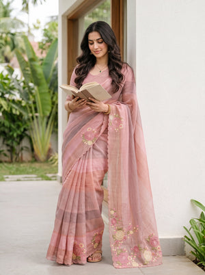 Tissue Dusty Rose Pink Yellow Applique Floral Embroidered Pallu Saree