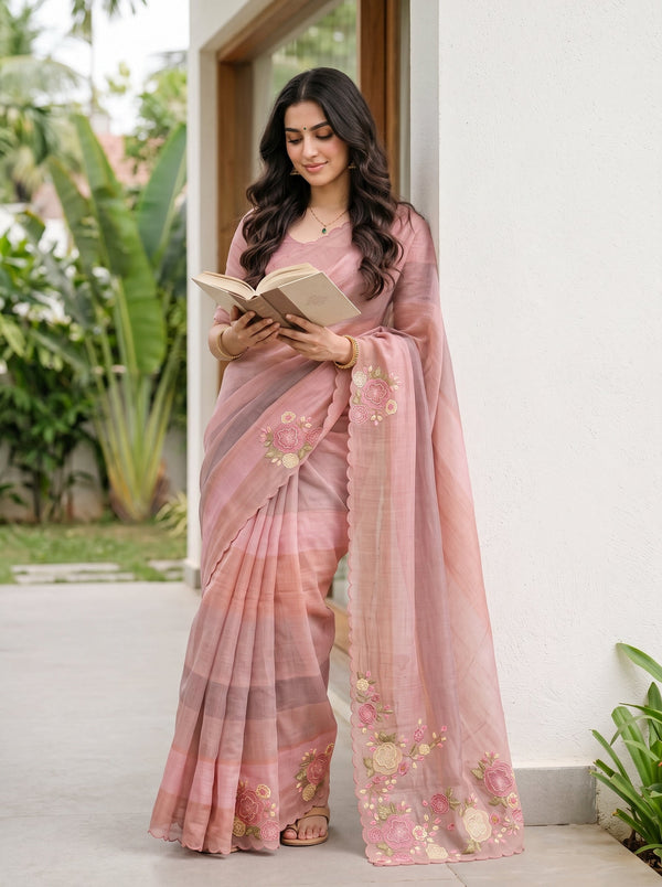 Tissue Dusty Rose Pink Yellow Applique Floral Embroidered Pallu Saree