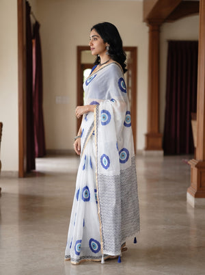 Linen White Evil Eye Print Saree with Black Geometric Border