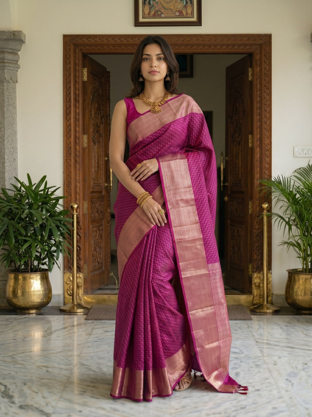Kanjivaram Silk Magenta Pink Zari Woven Traditional Saree