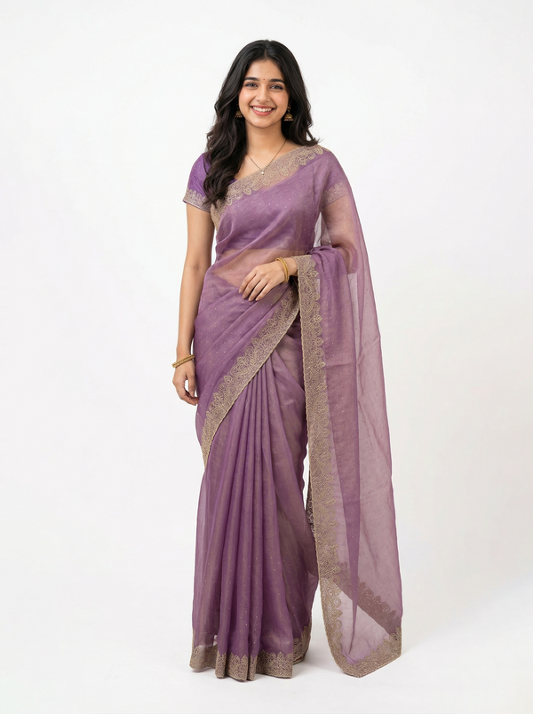Organza Lavender Purple Stone Studded Saree with Zari Embroidered Border