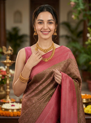 Kanjivaram Olive Green Saree with All-Over Floral Jaal Weave & Pink Contrast Border
