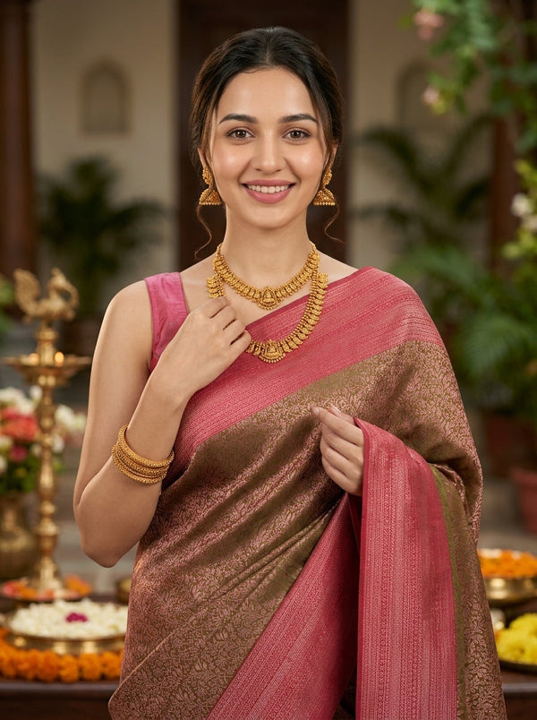 Kanjivaram Olive Green Saree with All-Over Floral Jaal Weave & Pink Contrast Border