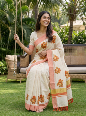 Tissue Cream Kerala Saree with Orange Floral Print Pallu, Golden Zari and Orange Striped Border