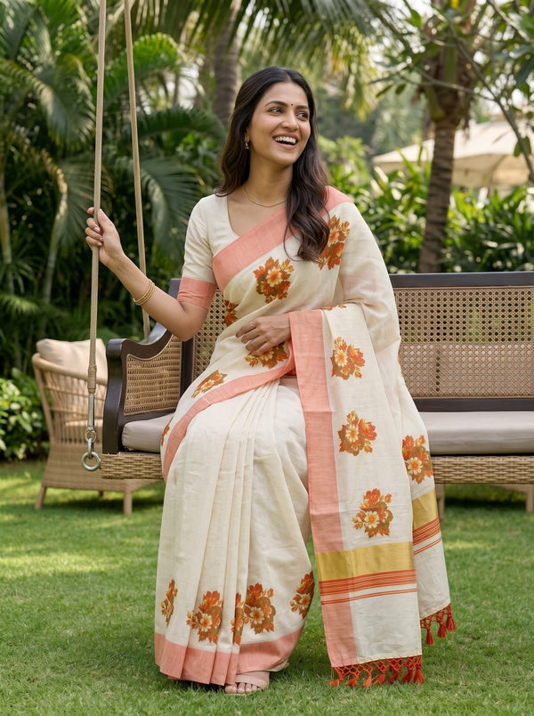 Tissue Cream Kerala Saree with Orange Floral Print Pallu, Golden Zari and Orange Striped Border