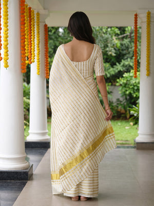 Cotton White Golden Vertical Stripe Weave Traditional Onam Festive Kerala Saree