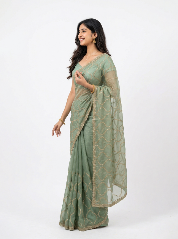 Shimmer Organza Sage Green Sequin Embroidered Trellis Saree with Scalloped Border