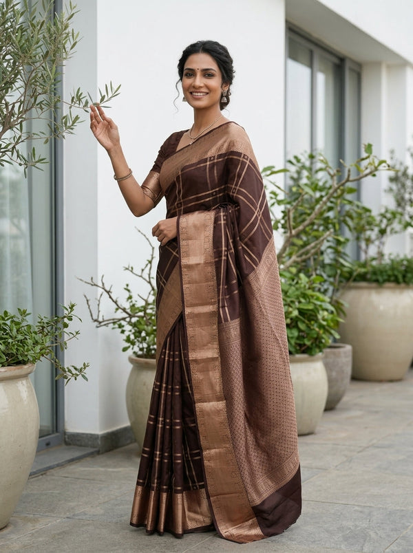 Kanjivaram Silk Coffee Brown Checked Saree with Gold Border