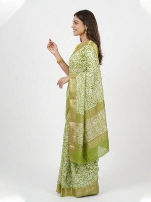 Soft Cotton Olive Green Batik Floral Print Saree with Zari Border