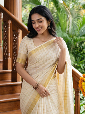 Tissue Cream Gold Checkered Onam Special Kerala Saree