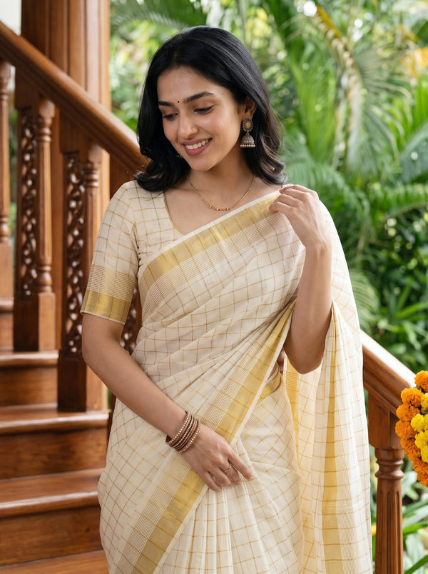 Tissue Cream Gold Checkered Onam Special Kerala Saree