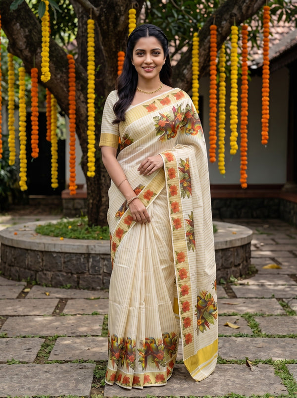 Tissue Cream Multicolor Tropical Parrot Print Onam Special Kerala Saree