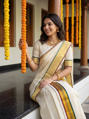 A woman wearing a cream-colored traditional saree with yellow, green, and red stripes sits on a black stone ledge, holding a hanging orange marigold garland in a courtyard setting.