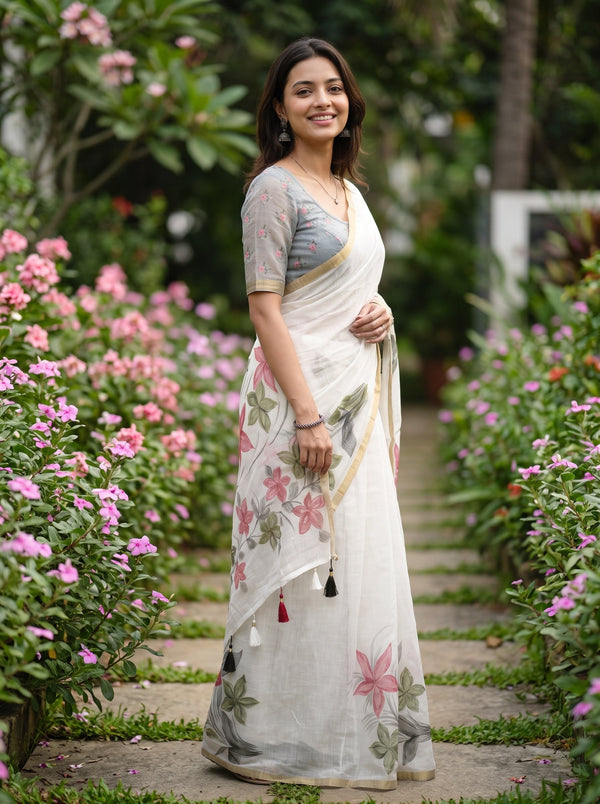 Linen Ivory Pink Lily Print Saree with Golden Border and Tassels