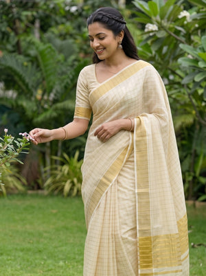 Tissue Cream Golden Striped Border Kerala Saree with Crochet Tassels