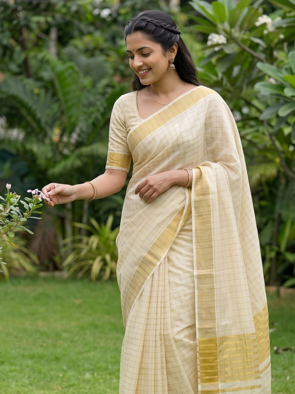 Tissue Cream Golden Striped Border Kerala Saree with Crochet Tassels