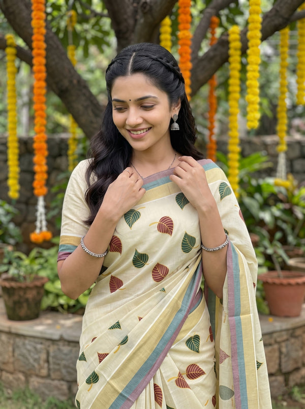 Tissue Cream Multicolor Leaf Print Onam Special Kerala Saree