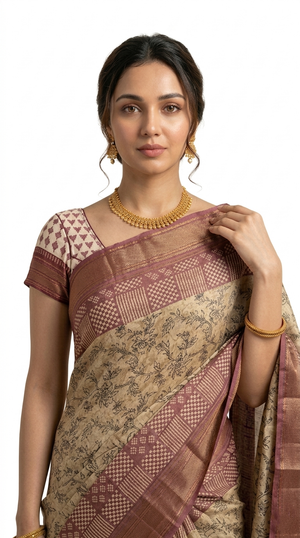Cotton Beige Floral Printed Saree with Maroon Border