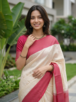 Kanjivaram Silk Off-White Saree with Red Contrast Border & Zari Motif