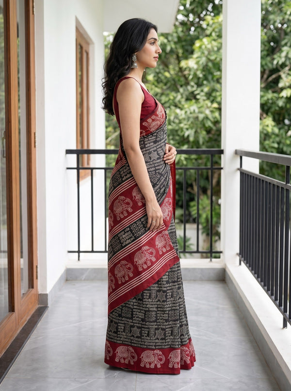 Synthetic Black Red Kalamkari Style Elephant Border Saree