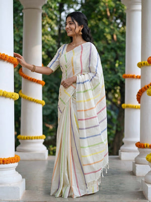 Cotton Off-White Multicolor Striped Onam Special Kerala Saree