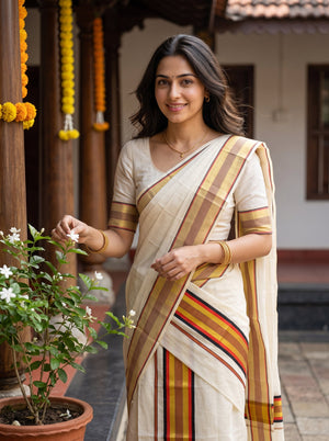 A woman wearing a cream-colored sari with brown, yellow, and red striped borders, standing in a traditional courtyard decorated with marigold garlands and potted plants.