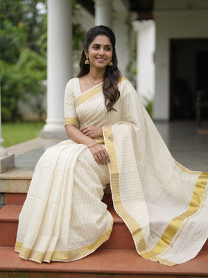 Cotton Cream Gold Pin Stripe Onam Special Kerala Saree