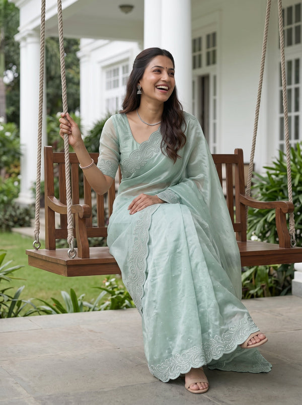 Organza Sea Blue Crystal Stone Work Beaded Scroll Vine Border Scalloped Edge Saree
