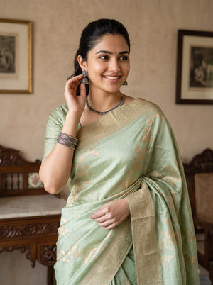 Banarasi Silk Pista Green Allover Floral Saree with Antique Gold Border