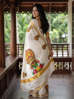 Cotton Off-White Kathakali Face Print Onam Special Kerala Saree