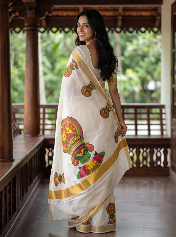 Cotton Off-White Kathakali Face Print Onam Special Kerala Saree