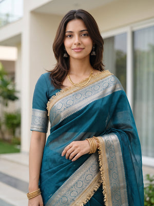 Tissue Banarasi Teal Plain Saree with Gold Zari Border