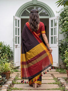Linen Black Checkered Saree with Black and Maroon Tassels