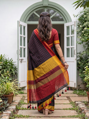Linen Black Checkered Saree with Black and Maroon Tassels