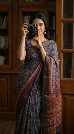 Woman in a traditional saree holding a camera in a room with wooden furniture.