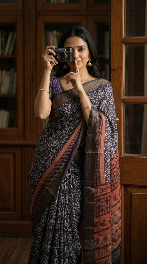 Woman in a traditional saree holding a camera in a room with wooden furniture.