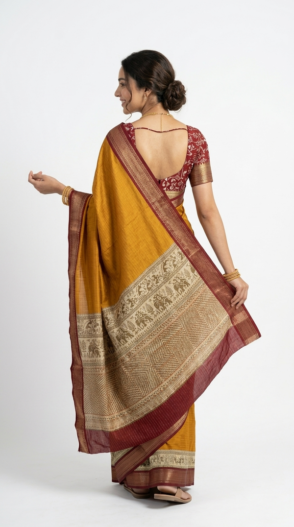 Cotton Ochre Yellow Traditional Border Saree